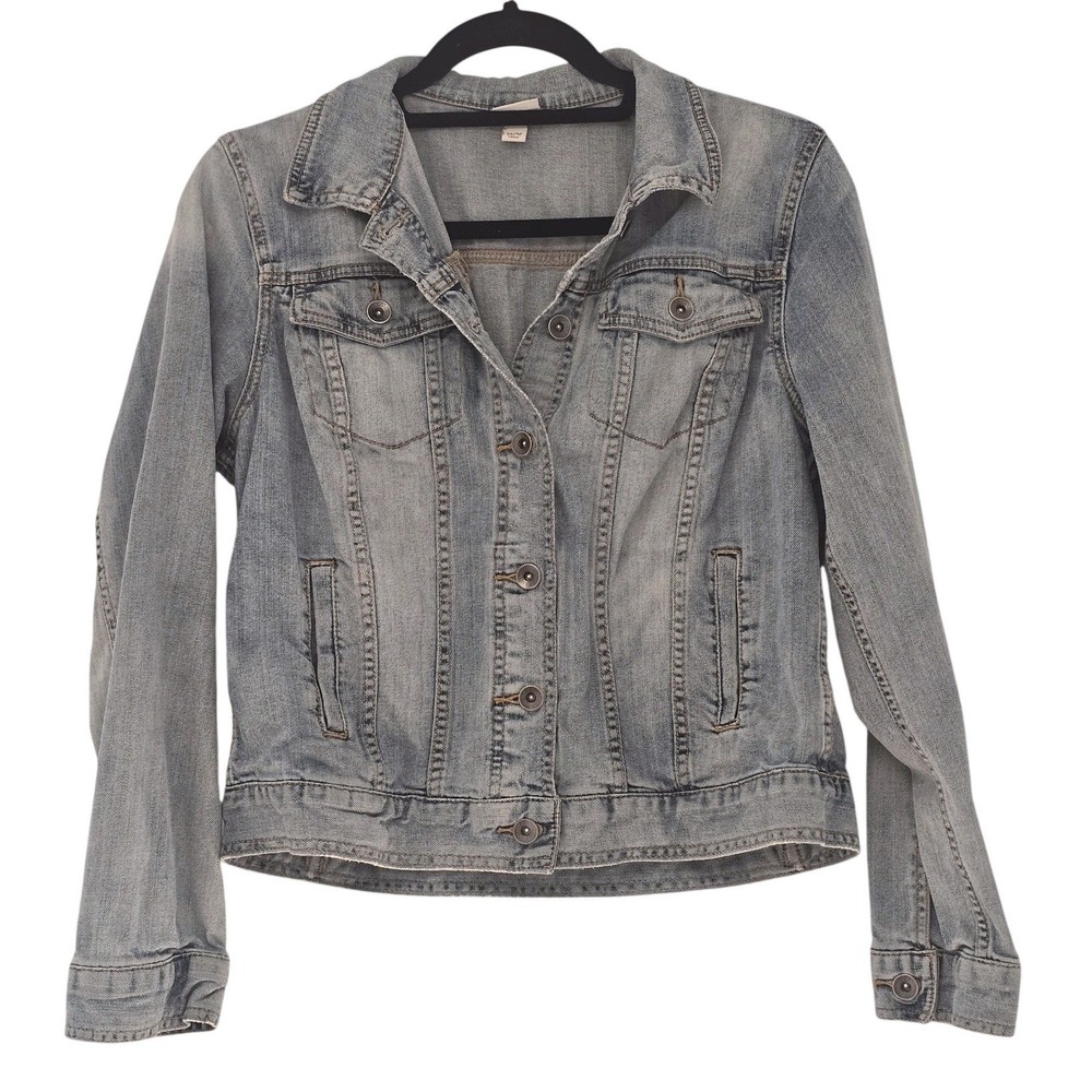 Merona Womens Medium Light Wash Denim Jacket Stretch Button Front Trucker Blue